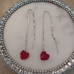 Red Crystal Heart Love Dangle Drop Threader Earrings